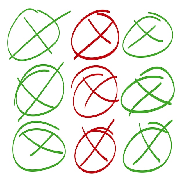 Vector doodle set of check mark and wrong mark with circle false and true vector illustration