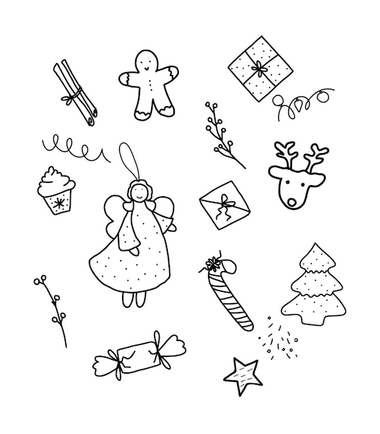 Doodle set of Christmas elements Drawn details of New Year's decor holiday decorations