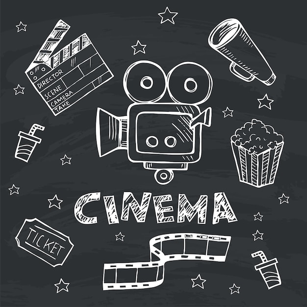 Doodle set di icone semplici del cinema