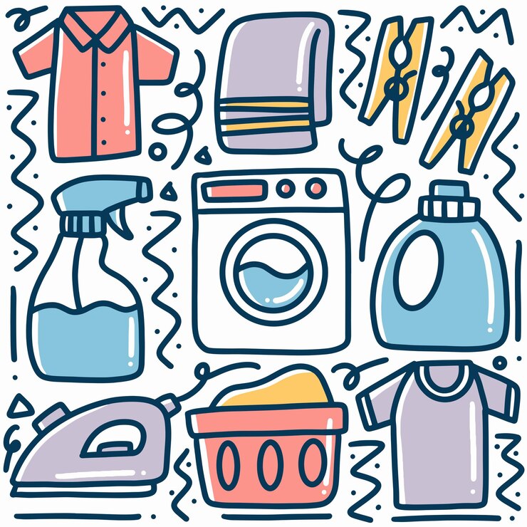 아이콘 및 디자인 요소와 함께 그리기 청소 도구 손의 낙서 세트