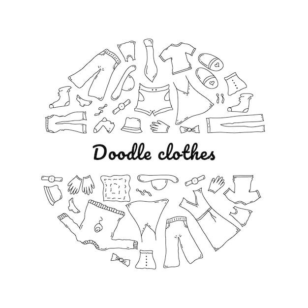 Doodle set of Clothes Fashion hand drawn objects symbols and items Round composition