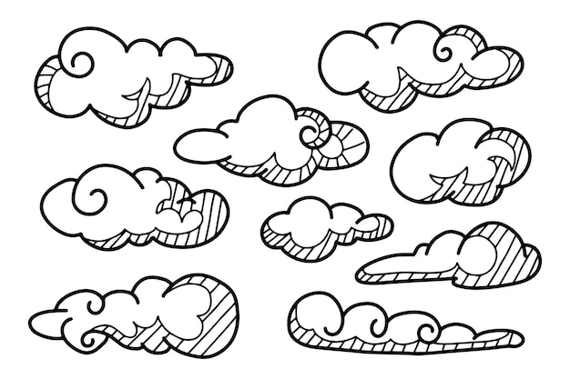 Doodle set di nuvole, illustrazione vettoriale.