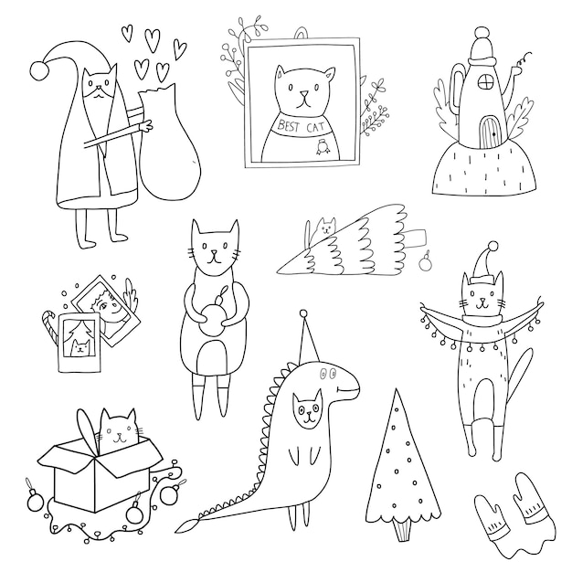 Doodle set coloring christmas theme santa cat dinosaur cat christmas tree