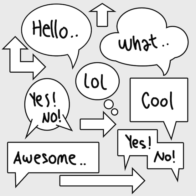 doodle Set of comic speech bubbles with words hello what lol cool awesome yes and no vector illustration