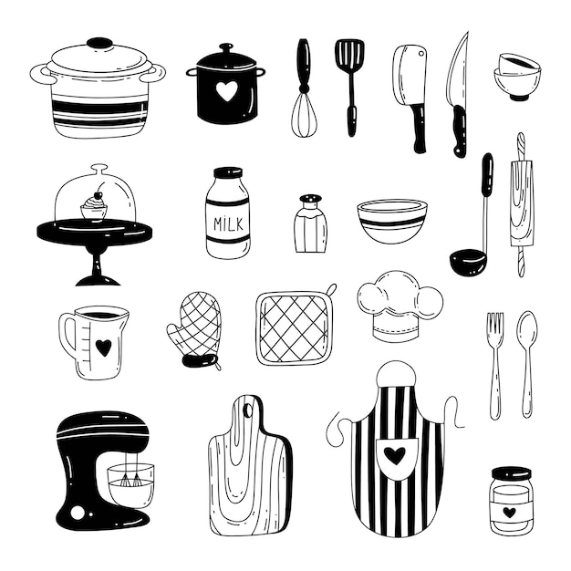 Doodle set of cooking items plates jars and other