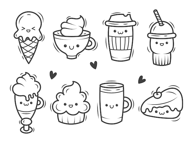 Vettore doodle set di simpatiche bevande kawaii