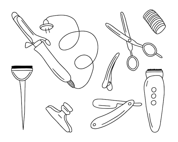 Doodle set of different hairdressing supplies Vector kinds of quipment for beauty salon