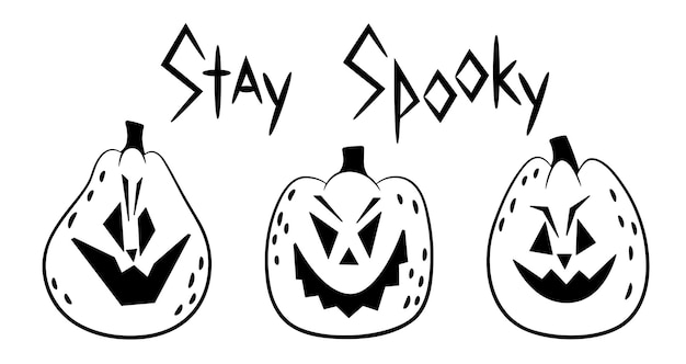 Doodle set enge halloween pompoenen en belettering blijf spooky outline sketch