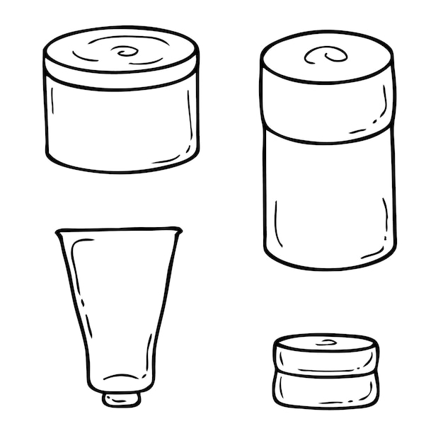 Doodle set of four empty self care cosmetic jars Hand drawn vector illustration for decor and design