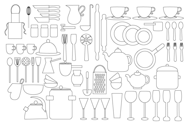 Vector doodle set gebruiksvoorwerpen en keukengerei om te koken in lijnen platte vectorillustratie geïsoleerd op een witte achtergrond