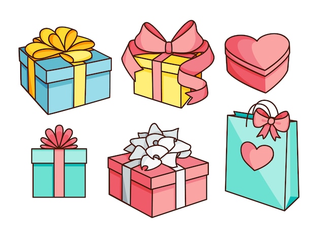 Vector doodle set of gift boxes with bows, heart shaped box, gift bag.