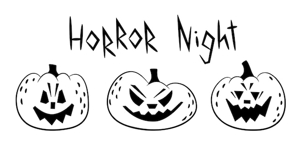 Doodle set griezelige halloween-pompoenen en belettering Horror night Outline Sketch