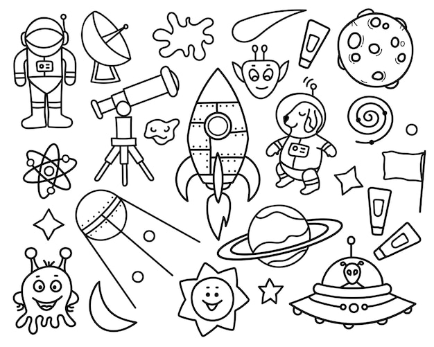 doodle set of hand drawn cosmic elements.