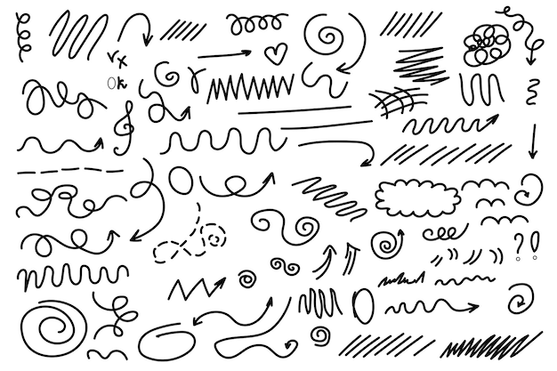 手描きのドゥードルセット 曲がった方向矢印 エモジ効果 デザイン要素 可愛い装飾的なブラシストロークライン ベクトルイラスト