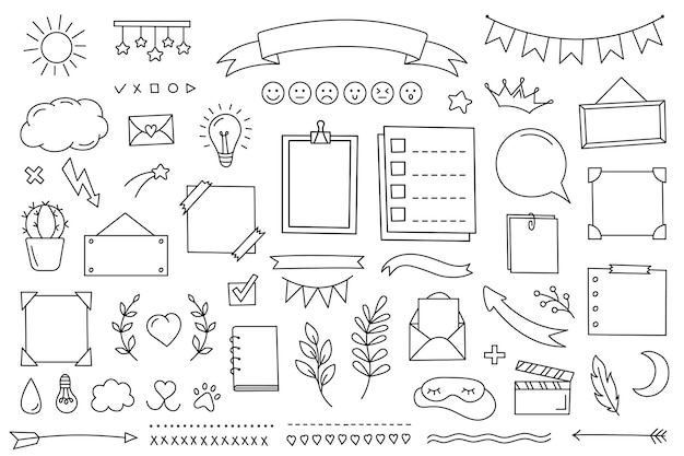 日記、ノート、プランナーのための落書きセット手描き要素。ラインからの装飾フレームとステッカーのコレクション