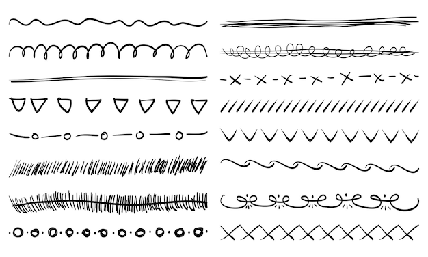 Doodle set Handgetekende tekst Dividers artistieke penborstels Randen Lijnen en lauweren ontwerpelementen Vector illustratie