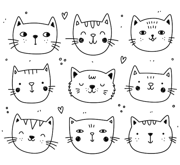 Vettore doodle set di gatti felici e adorabili isolati su sfondo bianco animali carini