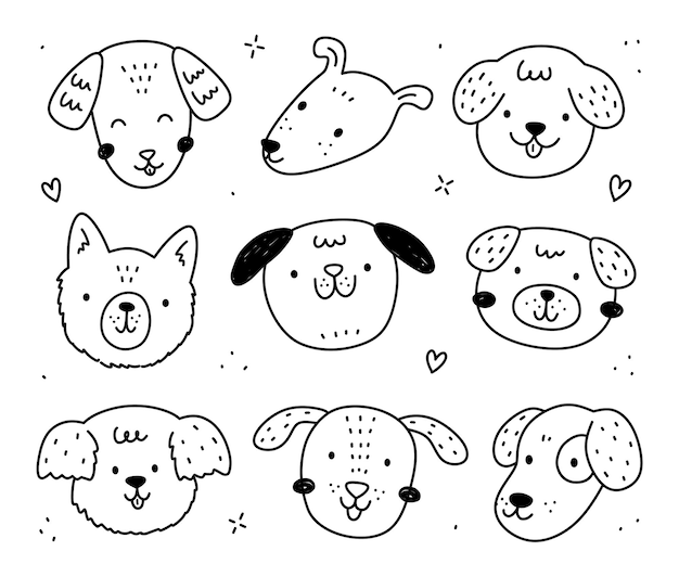 Набор каракулей счастливых собак и щенков, нарисованных вручную в стиле каракулей
