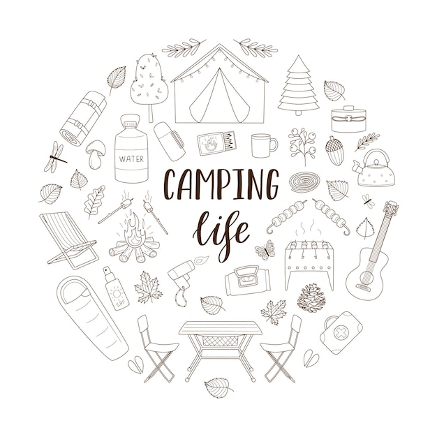 旅行ピクニック キャンプ観光用のハイキング用品の落書きセット服ポストカード web デザインの印刷物としてラウンド構成白い背景に分離されたアウトライン ベクトル イラスト