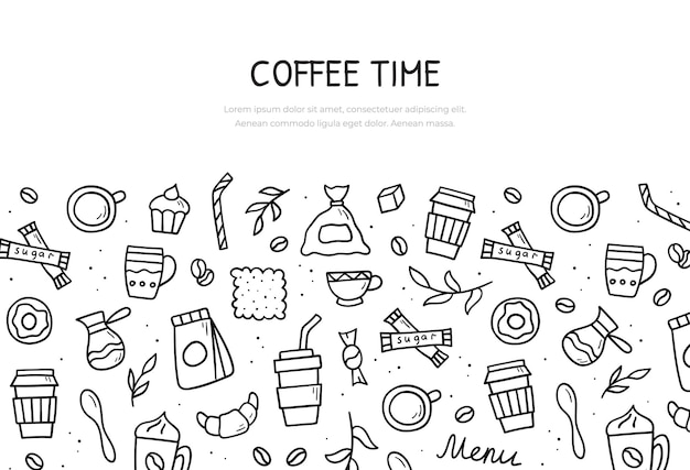 Doodle set koffie thema Webbanner sjabloon Vector hand getekende illustratie