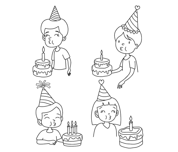 doodle set little boy blowing out birthday candles.