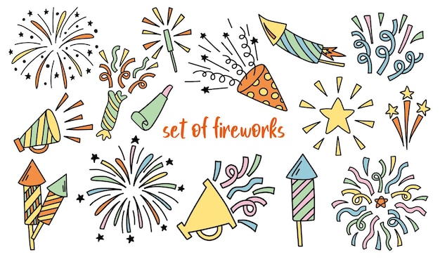 Vector doodle set met feestelijk vuurwerk en confetti