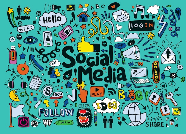 Doodle set objecten en symbolen op de sociale media