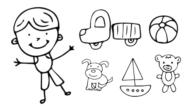 Doodle set of objects from the life of a child, black and white outline