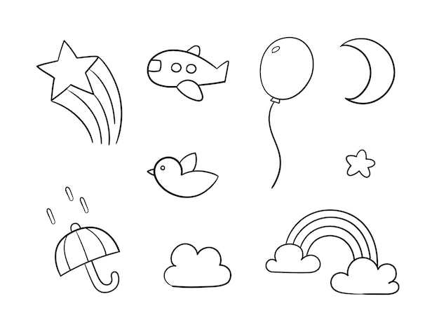 Vector doodle set of objects in the sky on white background cute doodle line objects fairy tale