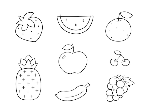 白い背景の上のかわいい果物の落書きセットかわいい落書き線オブジェクト健康食品