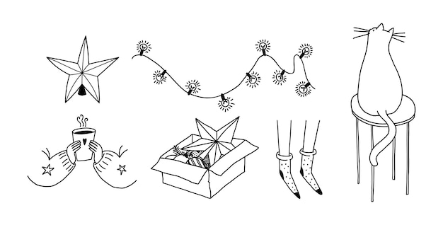 Вектор Набор каракулей праздничных новогодних объектов векторная иллюстрация уютные носки горячий чай в руках на белом