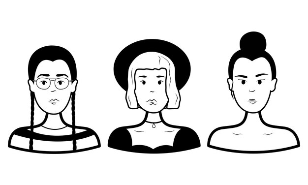 Doodle set people face Three girls Vector outline Black and white illustration