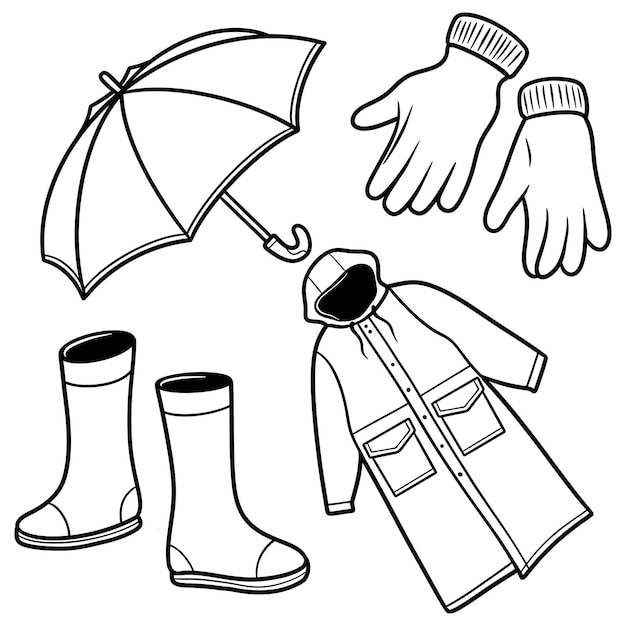 Doodle set rain gear icons line art vector illustration