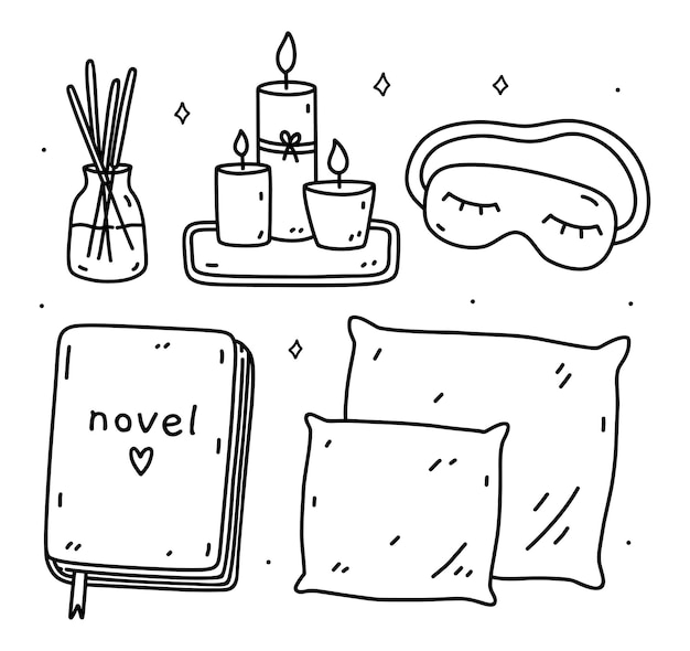 Vector doodle set of relaxation items aroma candles a sleep mask pillows and a novel me time self care