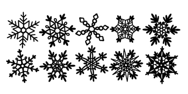 Doodle set sneeuwvlokken getekend met zwarte lijnen silhouet van een sneeuwvlok voor plotter snijden v