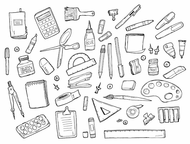 Doodle set of Stationery drawings Vector illustration Back to school concept Art and school supplies