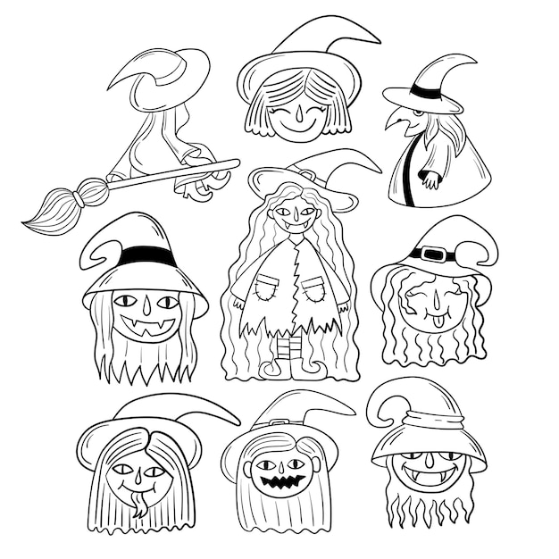 Doodle set sticker funny witches