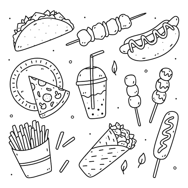 Set di doodle di cibo di strada taco burrito hot dog pizza patatine fritte kebab corn dog e dango fast food