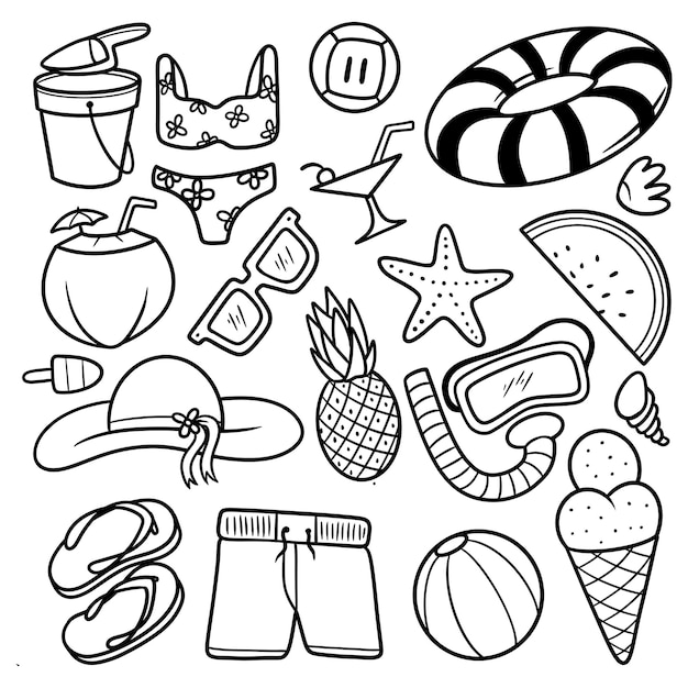 Doodle Set Summer Beach icons Line Art Vector Illustration