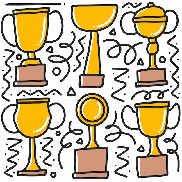 Vector doodle set of trophy cups hand drawing with icons and design elements