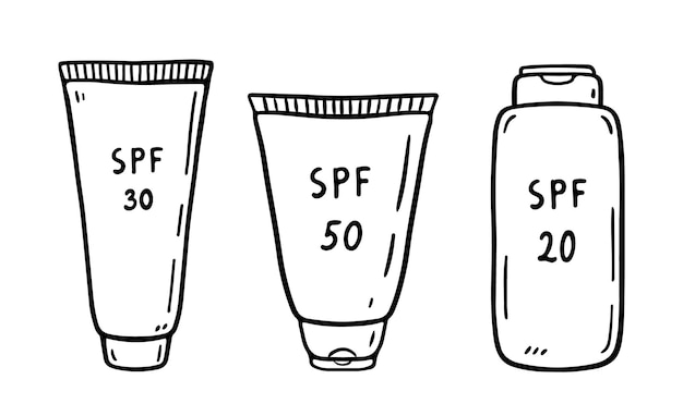 Doodle set of tubes of sunscreen isolated on white background Lotions 20 30 50 SPF