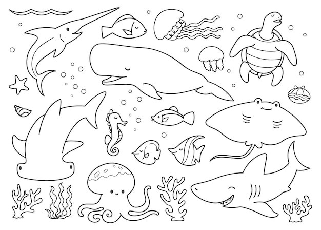 Doodle set animali sott'acqua