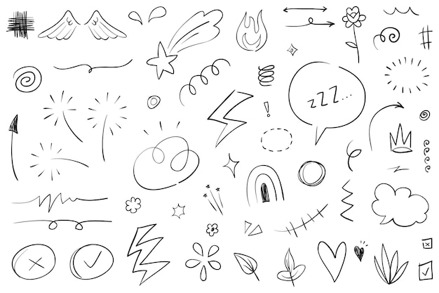 Doodle set van handgetekende cartoony expressie teken doodle curve richtingspijlen emoticon effecten ontwerp elementen cartoon personage emotie symbolen schattige decoratieve penseelstreep lijnen