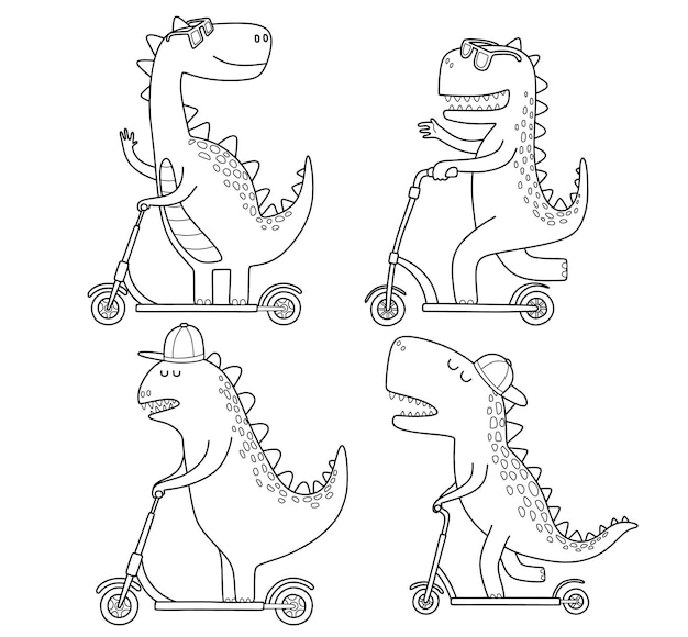 doodle set van schattige dinosaurus rijden kick scooter.