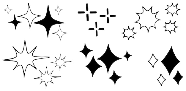 Doodle set di stelle vettoriali icona scintillante icona superficie pulita stelle con effetto luce incandescente e scoppio splendente isolato su sfondo bianco illustrazione vettoriale