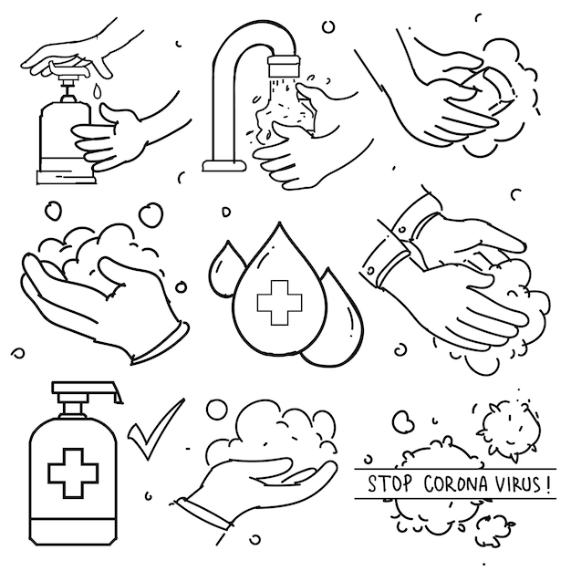 Doodle Set of Washing Hands. Contains such Icons as Washing Instruction, Antiseptic, Soap and more. Prevention from Corona virus.