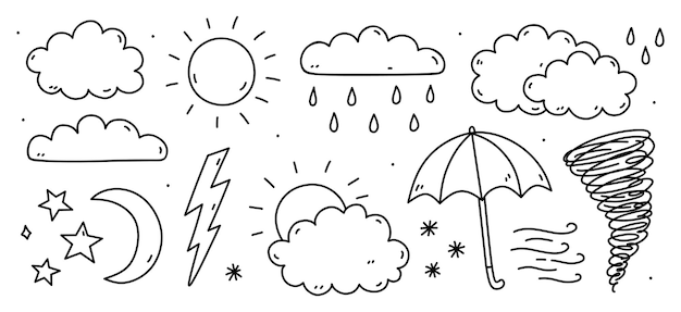 Doodle set of weather elements sun clouds rain wind snow tornado lightning crescent moon stars