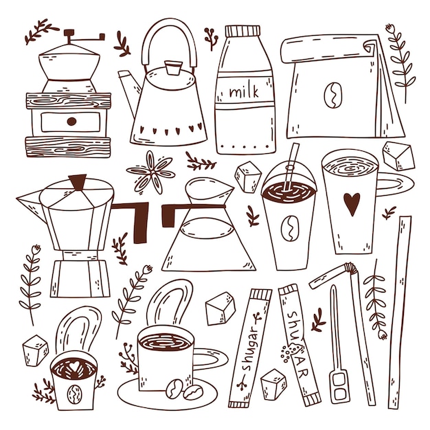 Vector doodle set with coffee cups preparation of coffee doodle plants sugar sticks straws for drinks vector handdrawn illustration