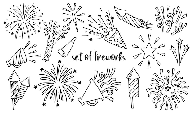 Vector doodle set with festive fireworks and confetti
