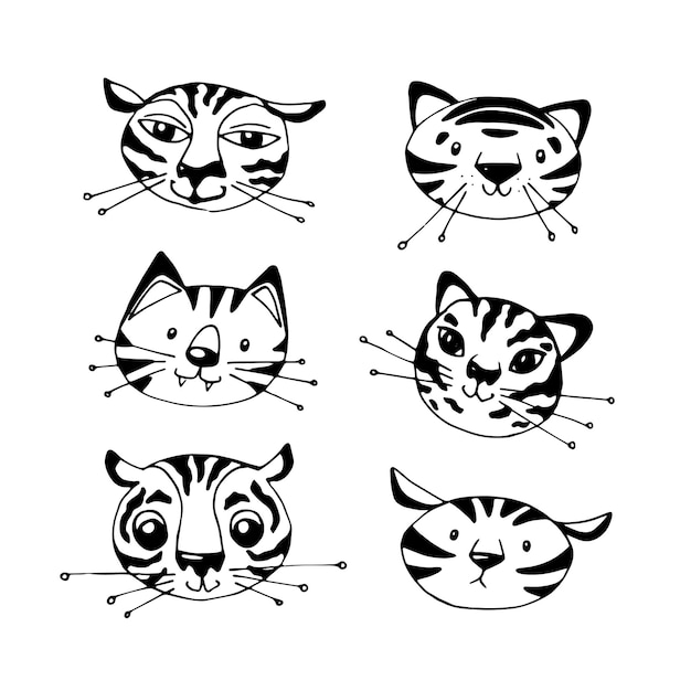 Doodle set with funny tiger faces on white
